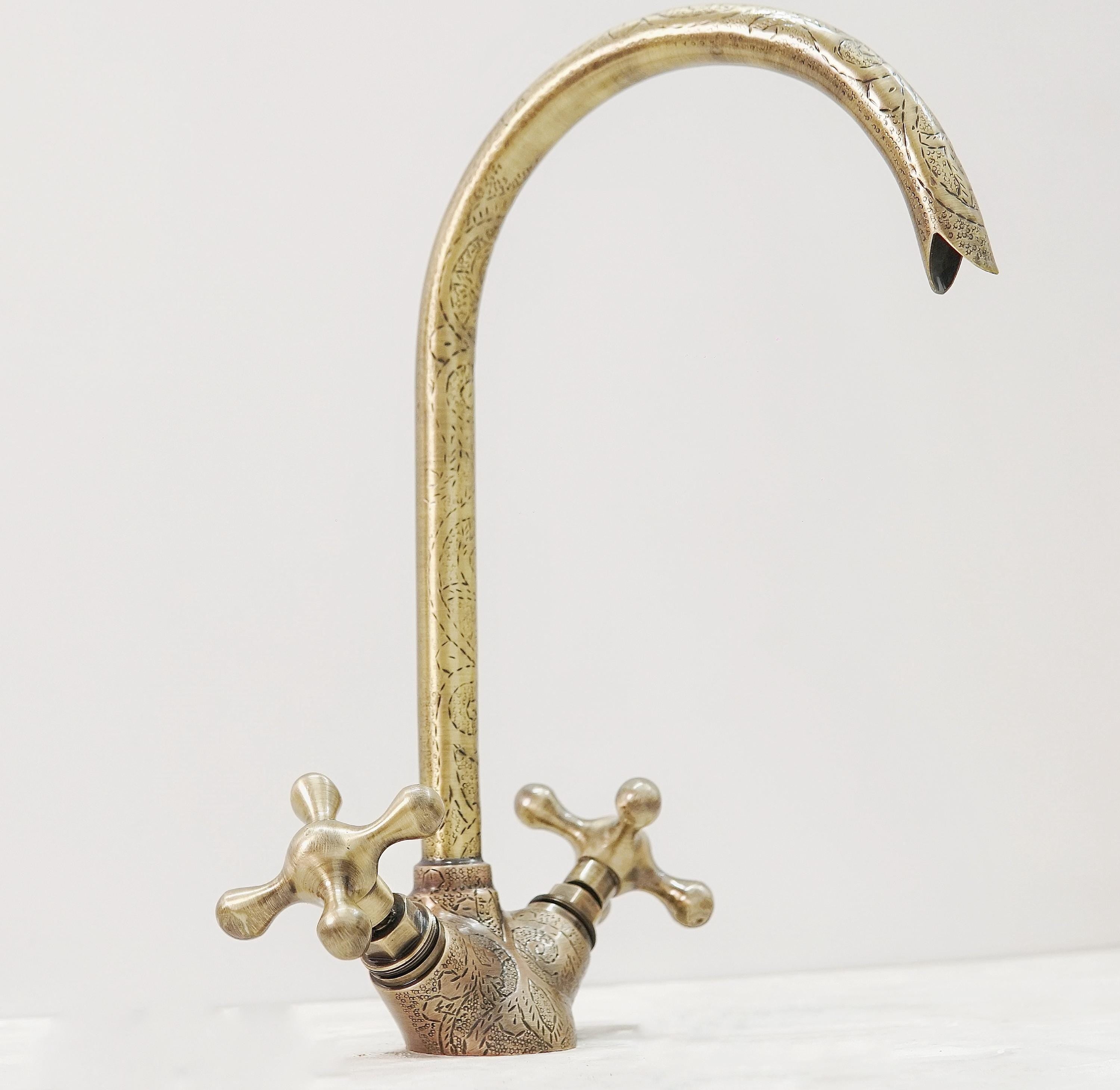 Handcrafted Engraved Brass Faucet: Antique Double Handle Design