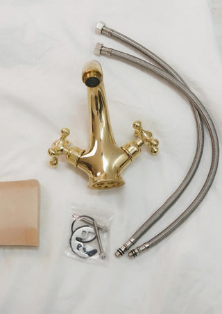 Unlacquered Brass Bathroom Faucet, Single Hole, Deck Mount, double handle faucet