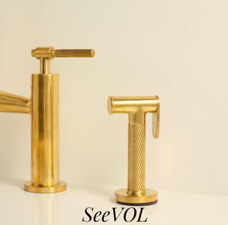 Unlacquered Brass Bridge Kitchen Faucet, Side Sprayer, Farmhouse Style