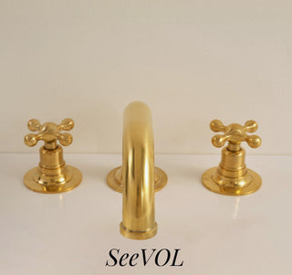 Unlacquered Brass Bathroom Faucet: Deck Mounted 3-Hole Sink