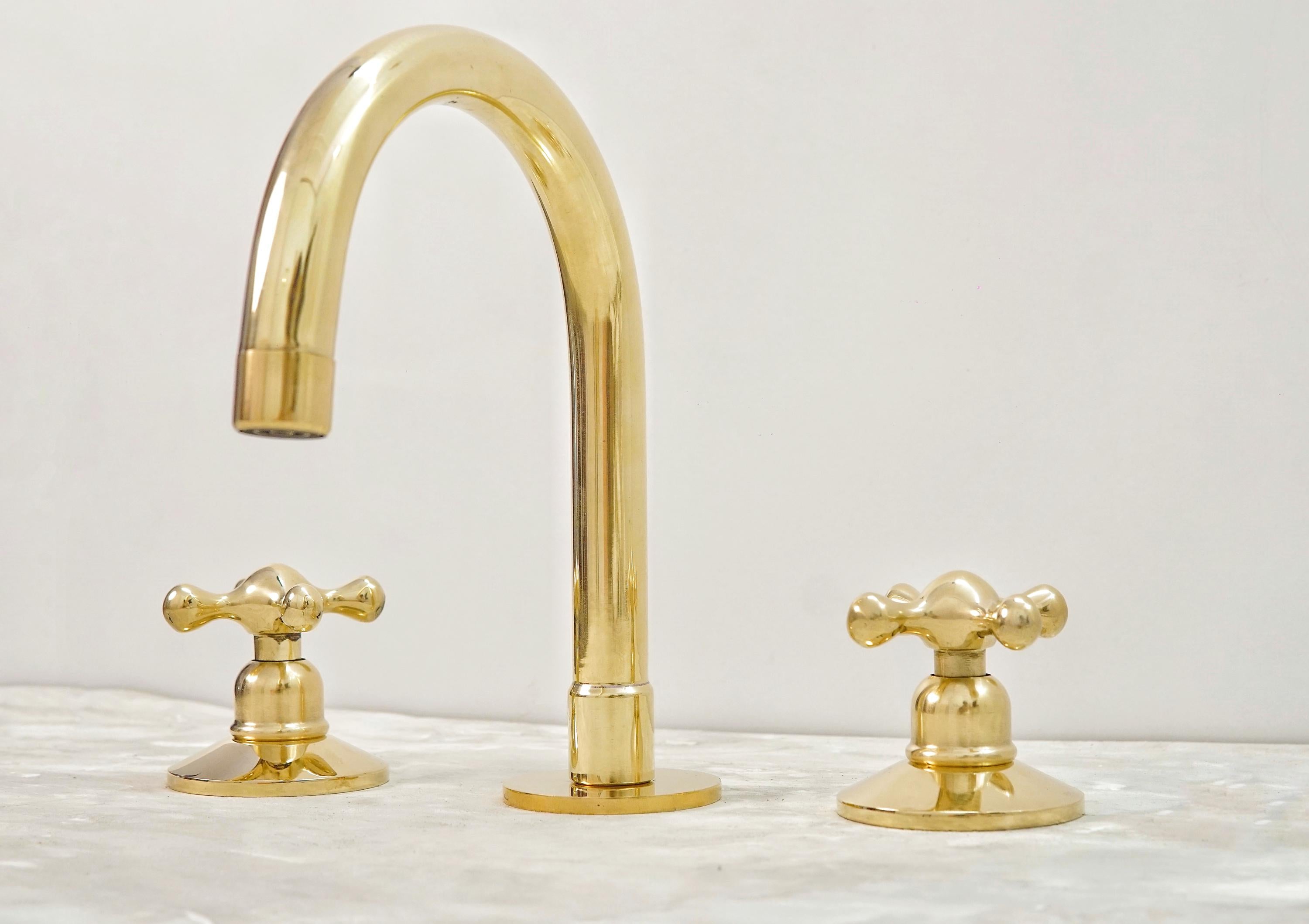 Unlacquered Brass Bathroom Faucet: Widespread 3-Hole Sink Fixture
