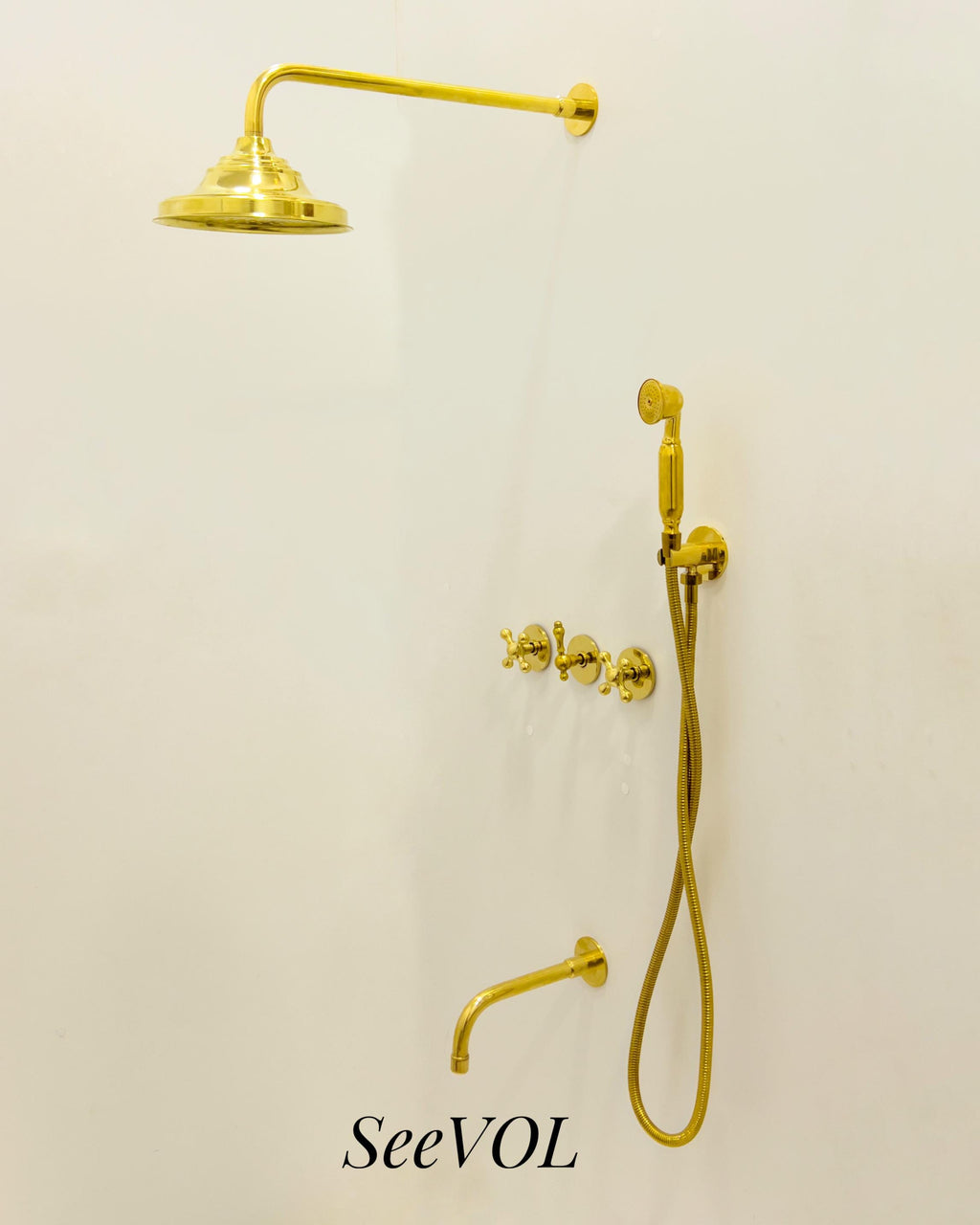 Luxury Unlacquered Brass Wall-Mounted Shower System with Overhead & Handheld Sprayer
