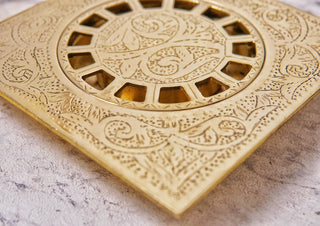 Engraved Brass Square Shower Drain, Floral Motif