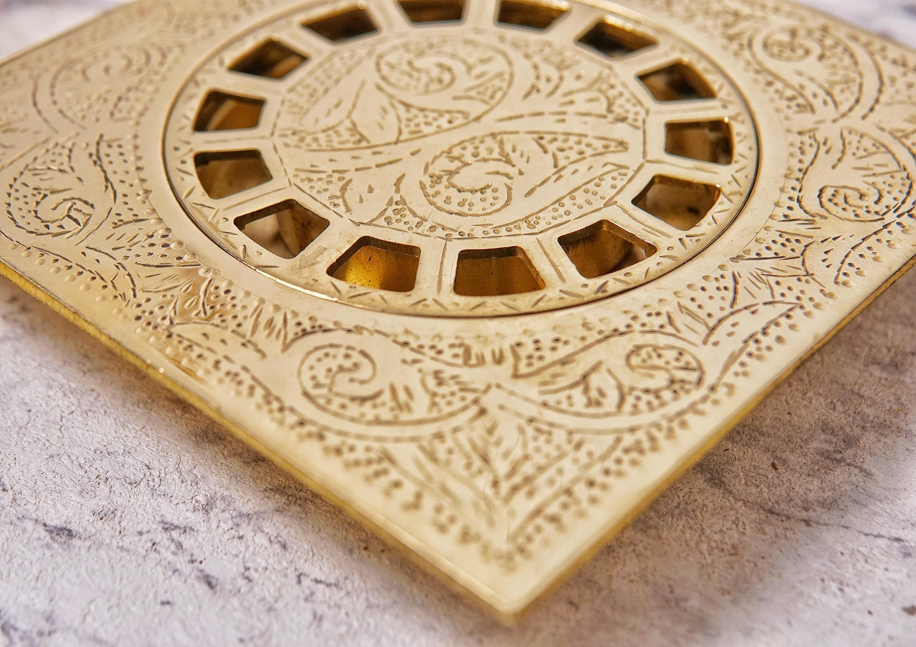 Engraved Brass Square Shower Drain, Floral Motif