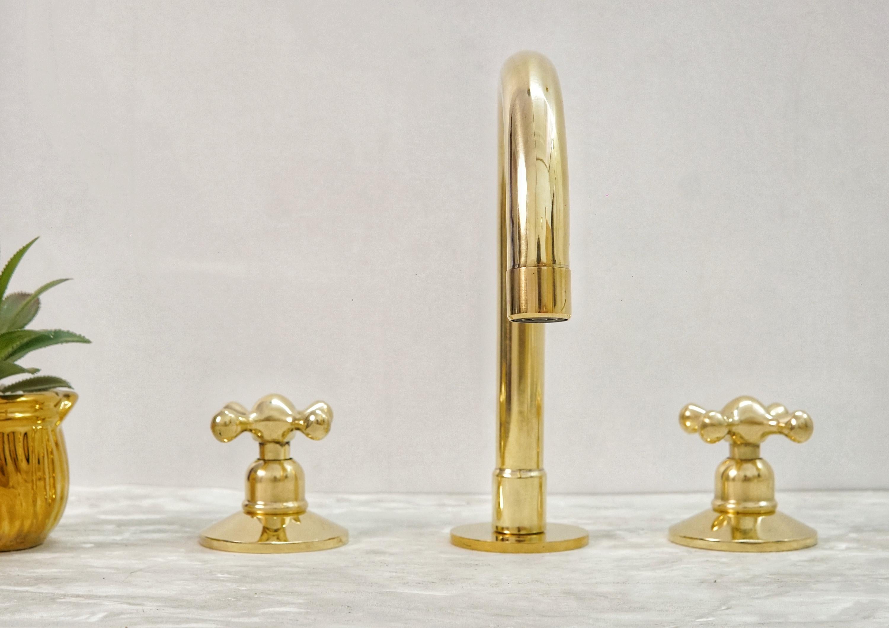 Unlacquered Brass Bathroom Faucet: Widespread 3-Hole Sink Fixture