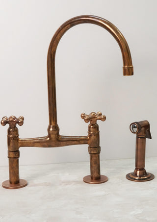 Unlacquered Copper Bridge Kitchen Faucet with Sprayer, Vintage Style
