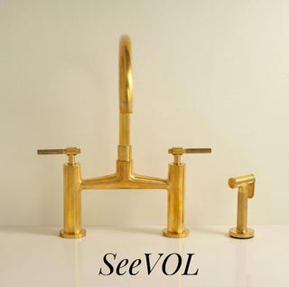 Unlacquered Brass Bridge Kitchen Faucet, Side Sprayer, Farmhouse Style