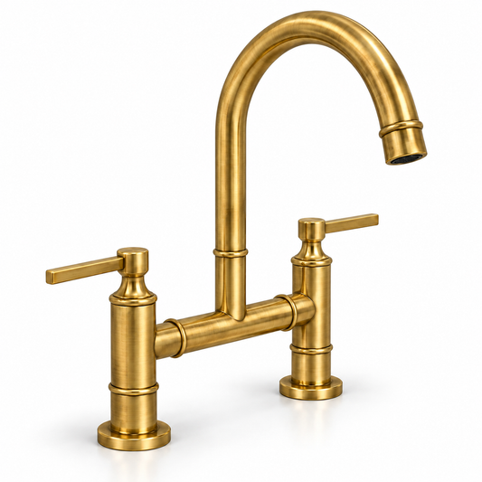 Angled view of unlacquered brass gooseneck bridge kitchen faucet with two straight lever handles on a white background