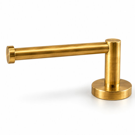 Solid unlacquered brass toilet paper holder with an open-ended arm and round wall plate on a white background