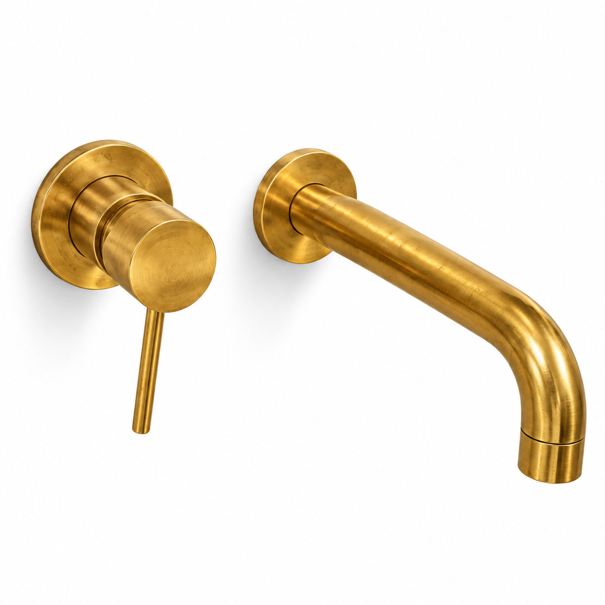 Modern unlacquered brass wall-mount bathroom faucet with curved spout and separate lever on a white background