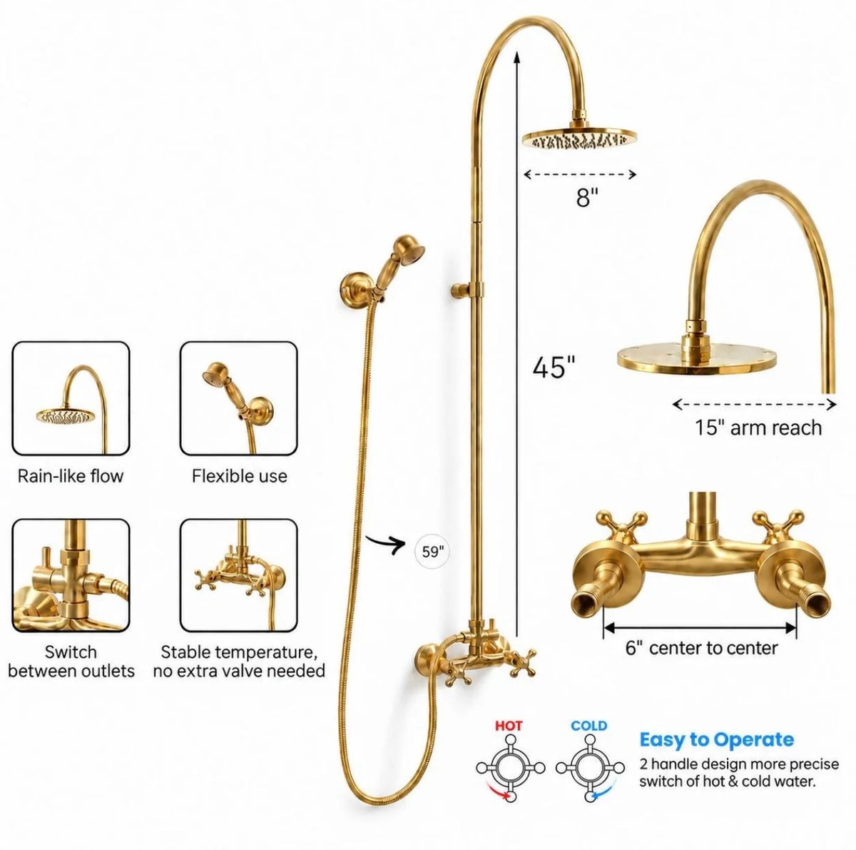 Nashville shower dimension diagram labeled 45-inch height, 15-inch arm reach, 8-inch head, 59-inch hose and 6-inch centers