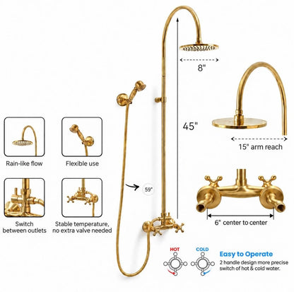 Nashville shower dimension diagram labeled 45-inch height, 15-inch arm reach, 8-inch head, 59-inch hose and 6-inch centers