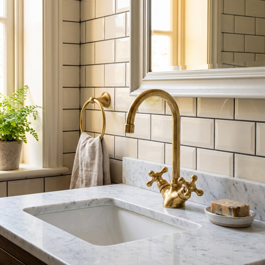Wenston unlacquered brass faucet installed beside a white bathroom sink on a marble countertop
