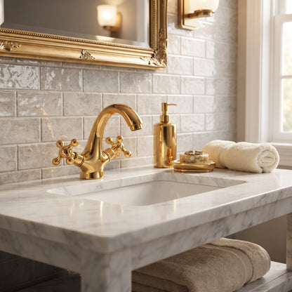 Brass vanity faucet with cross handles above a white sink on a marble countertop