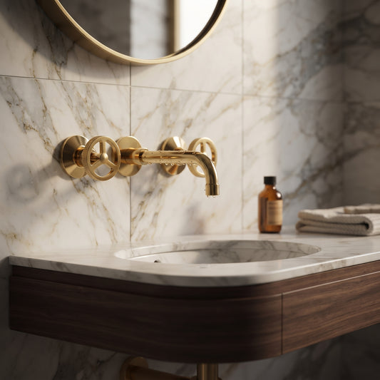 Brass wall-mount faucet above a white inset sink on a marble vanity