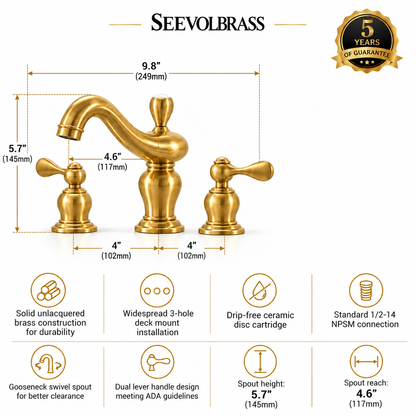 Unlacquered brass faucet dimension guide showing 5.7-inch height, 4.6-inch reach and 4-inch handle-to-spout spacing