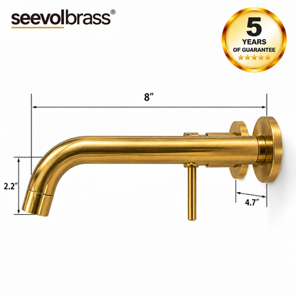 Unlacquered brass wall-mount faucet dimension diagram labeled 8, 2.2 and 4.7 inches