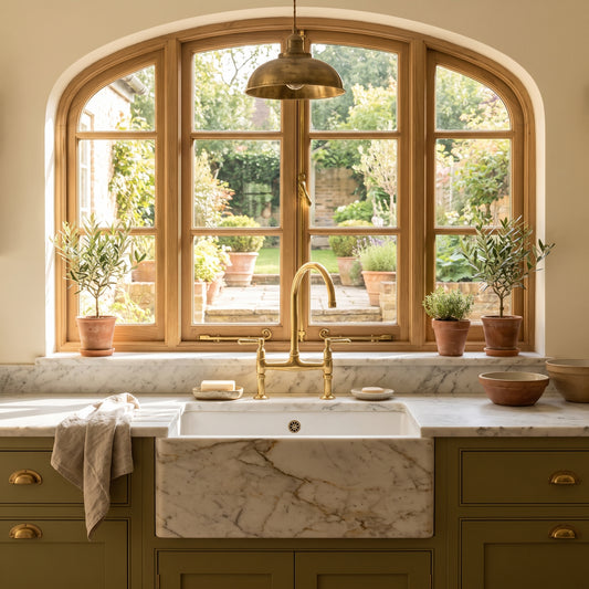 Unlacquered brass bridge kitchen faucet above a marble apron-front sink beneath an arched window