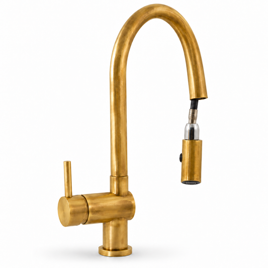 Brewster unlacquered brass kitchen faucet with high-arc spout, single lever, and extended pull-down sprayer