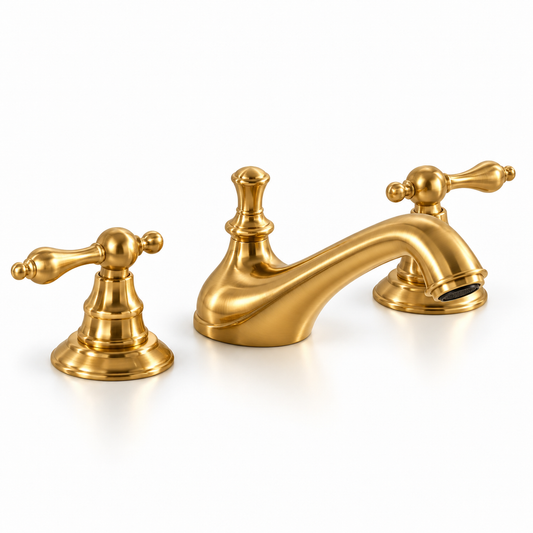 Angled view of unlacquered brass low-spout widespread bathroom faucet with two lever handles on a white background