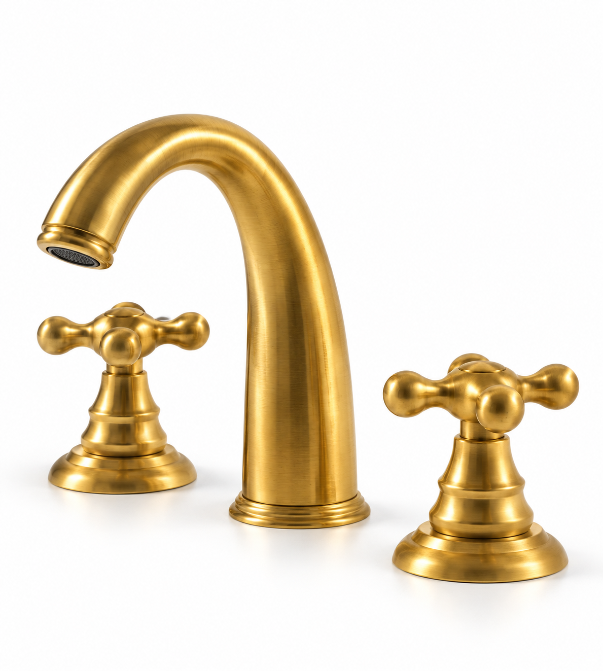 Unlacquered brass 3-hole widespread bathroom faucet with arched spout and rounded cross handles on a white background