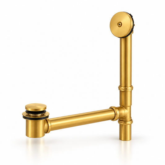 Unlacquered brass bathtub drain and overflow kit with tip-toe stopper and round overflow plate on a white background