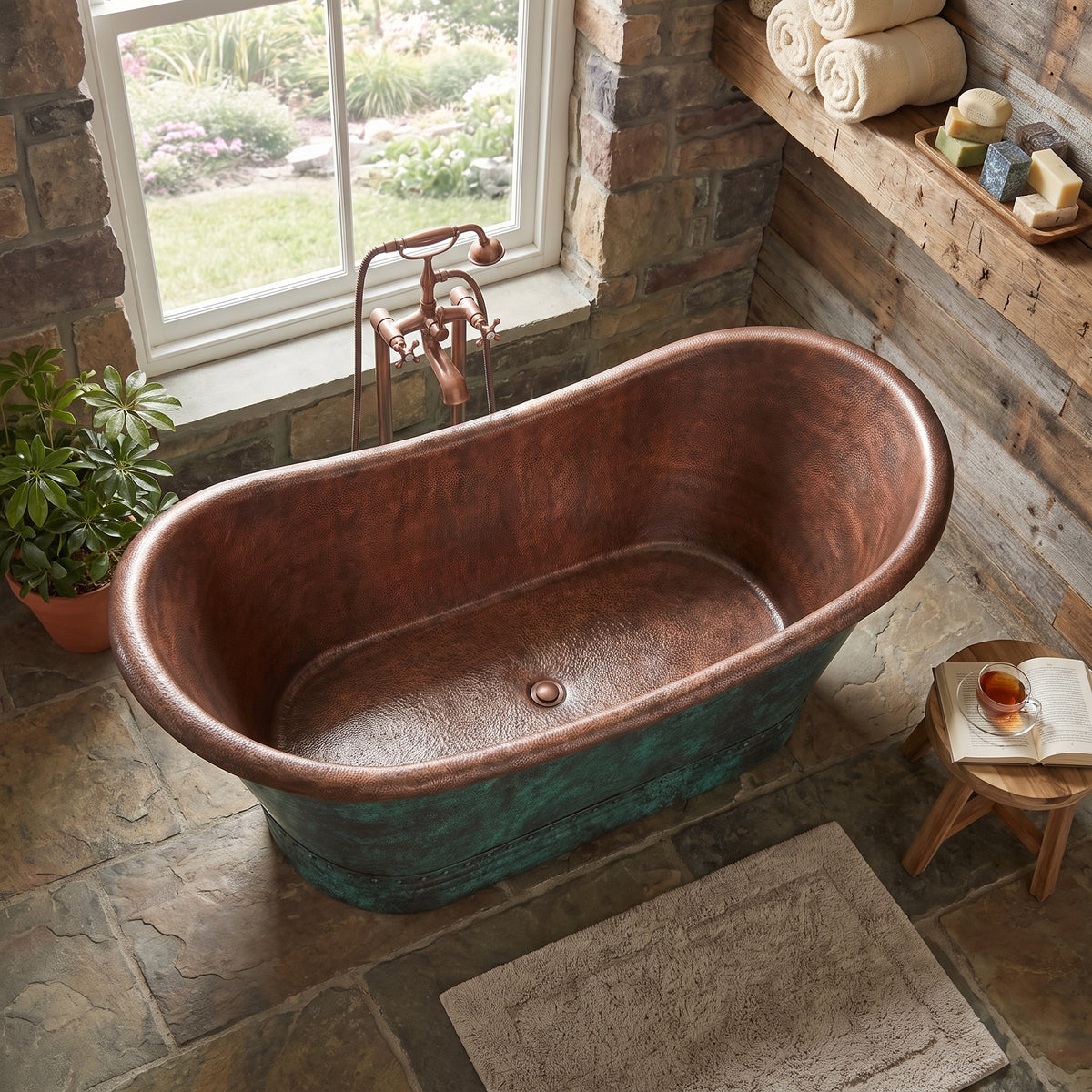 Overhead angled view of The Patina Bath showing its oval interior and central drain in a rustic bathroom
