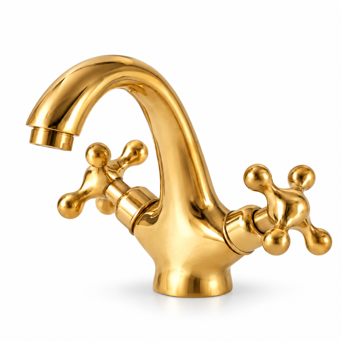 Unlacquered brass bathroom vanity faucet with a curved spout and two cross handles on a white background
