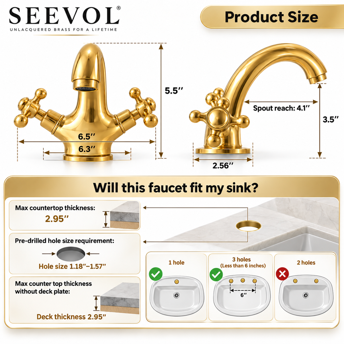 Dimension diagram of the brass vanity faucet showing its height, spout reach, and sink-hole fit