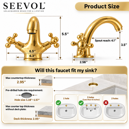 Dimension diagram of the brass vanity faucet showing its height, spout reach, and sink-hole fit