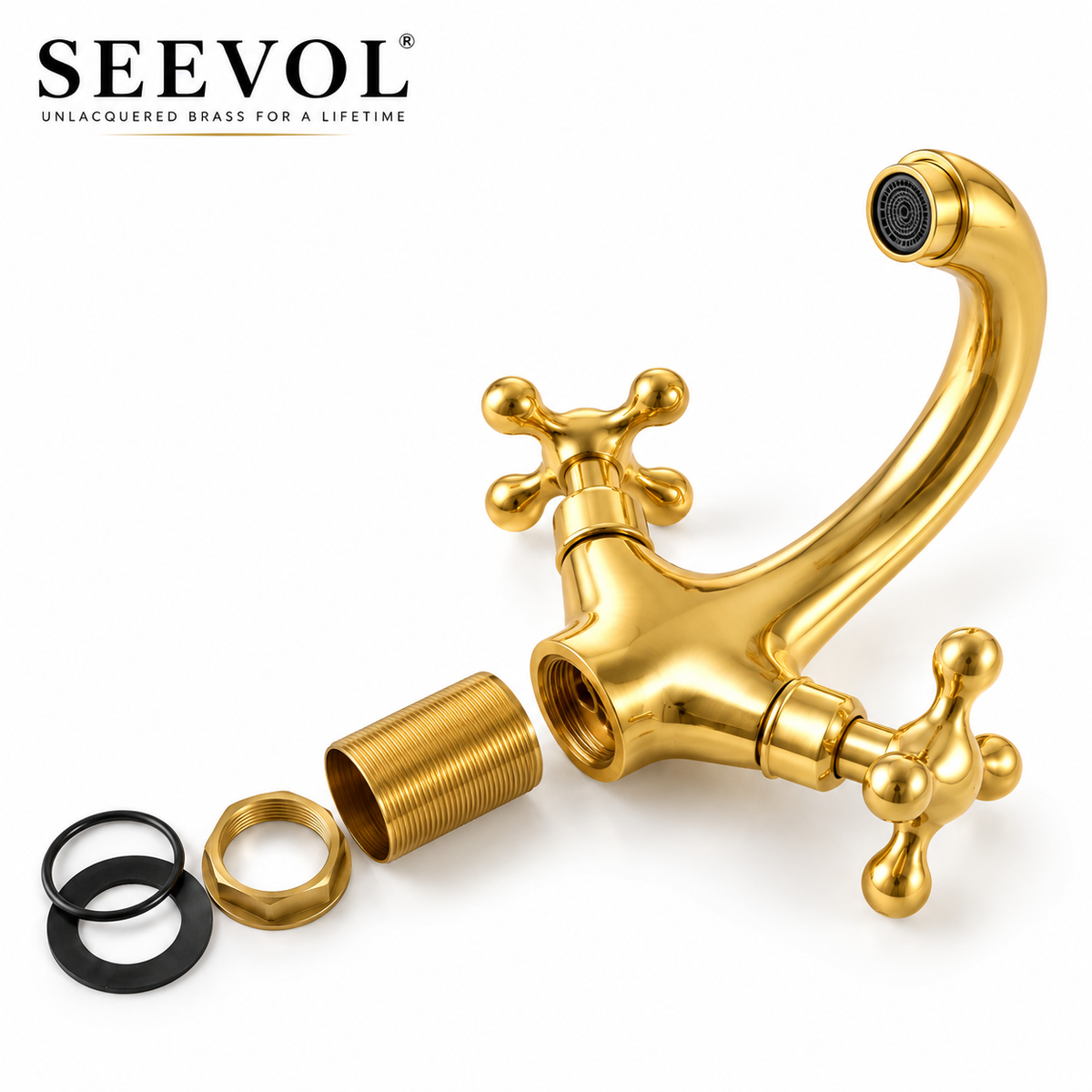 Brass vanity faucet shown from below with a threaded mounting tube, nut, and black seals