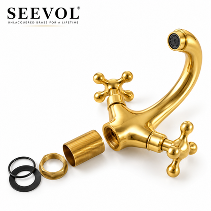Brass vanity faucet shown from below with a threaded mounting tube, nut, and black seals