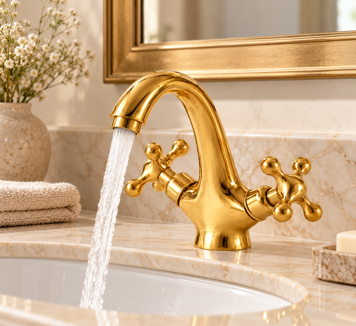 Unlacquered brass vanity faucet running into a white sink, with both cross handles visible