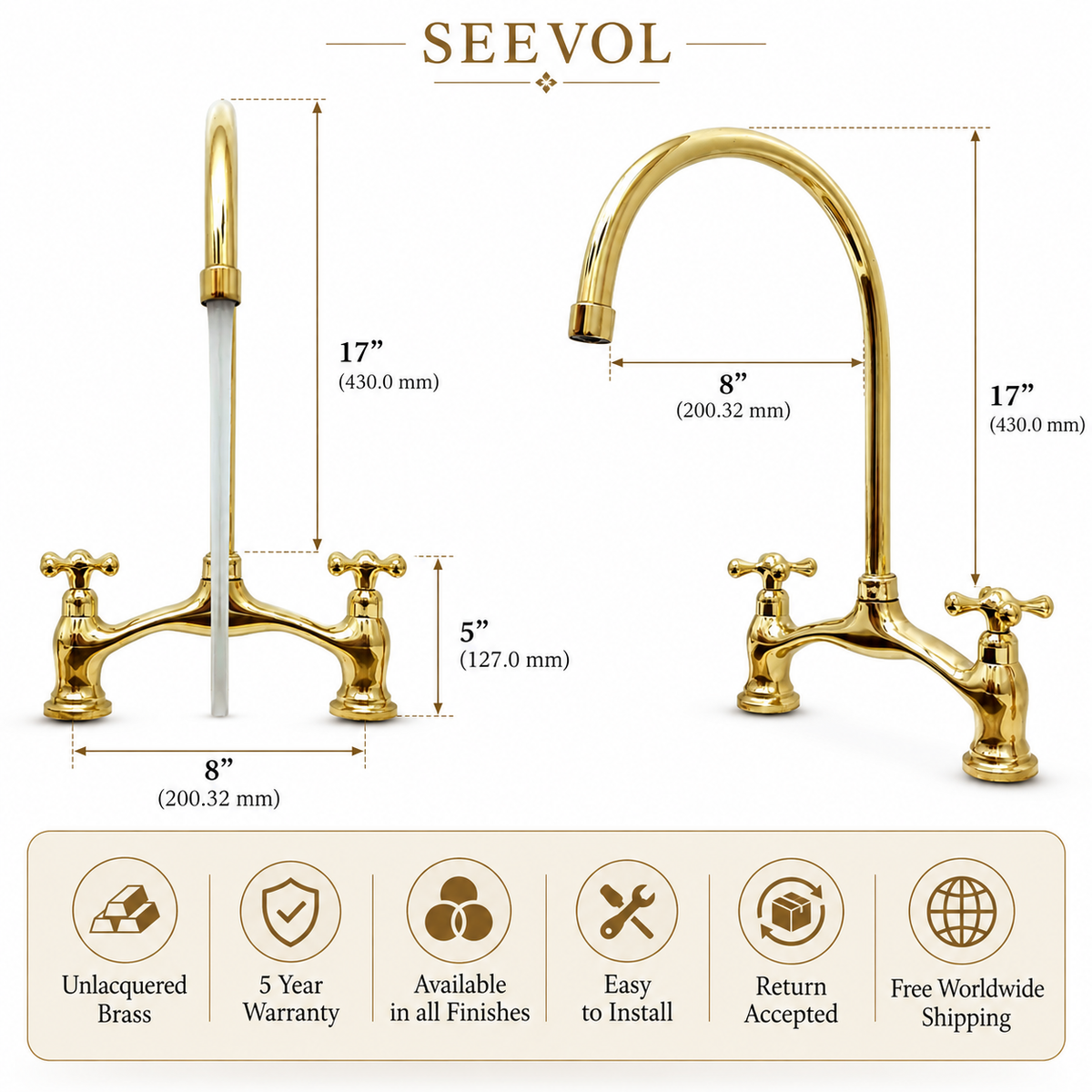 Victorian Unlacquered Brass Bridge Kitchen Faucet