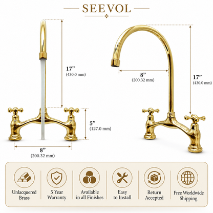 Victorian Unlacquered Brass Bridge Kitchen Faucet
