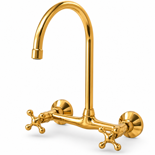 Ramsey brass wall-mount bridge kitchen faucet with high-arc spout and cross handles