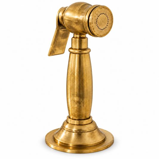 Domed unlacquered brass kitchen side sprayer with lever handle and round spray head