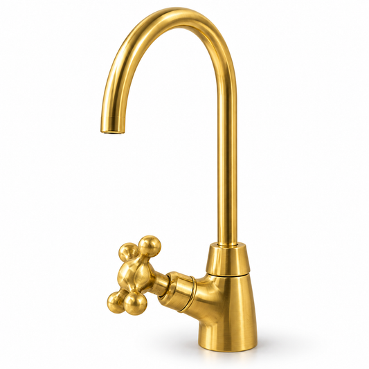 Unlacquered brass cold water filter faucet with curved spout and cross handle on a white background