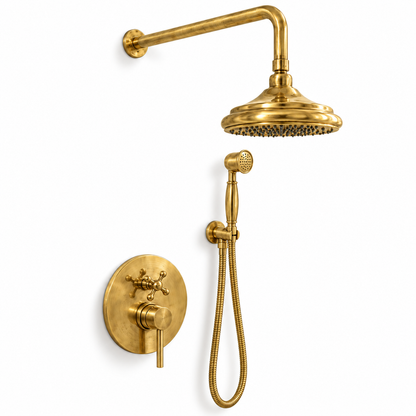 Shawnee unlacquered brass shower system with rainfall head, handheld shower, and wall-mounted controls on white