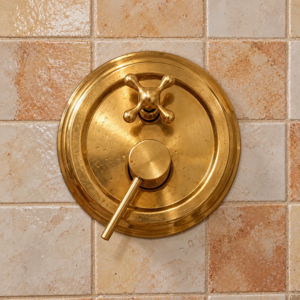Close-up of the Shawnee shower’s unlacquered brass cross handle and lever control against tile