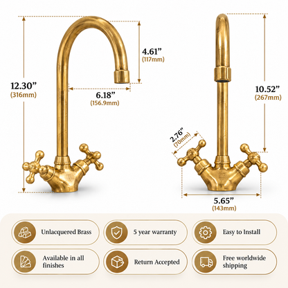 Wenston unlacquered brass faucet dimensions showing height, spout reach, and handle width