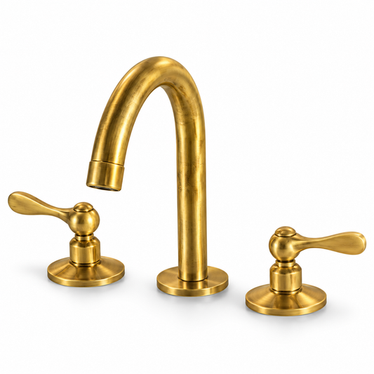 Unlacquered brass 3-hole vanity faucet with high-arc spout and dual lever handles on white background