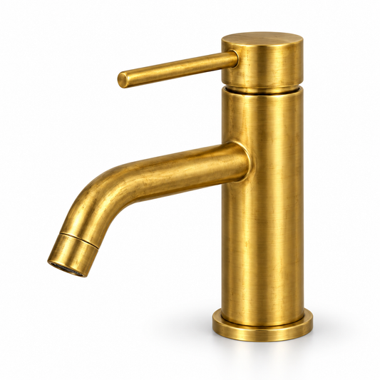 Berlin unlacquered brass single-hole bathroom faucet with a slim lever handle and curved spout on a white background