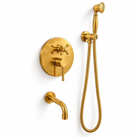 Unlacquered brass wall-mount tub filler with curved spout, cross and lever handles, and hand shower on a white background
