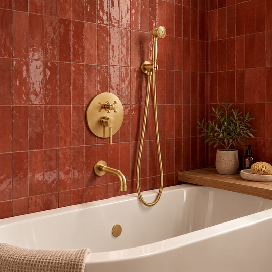 Unlacquered brass wall-mount tub filler and hand shower above a white bathtub against glossy terracotta tiles