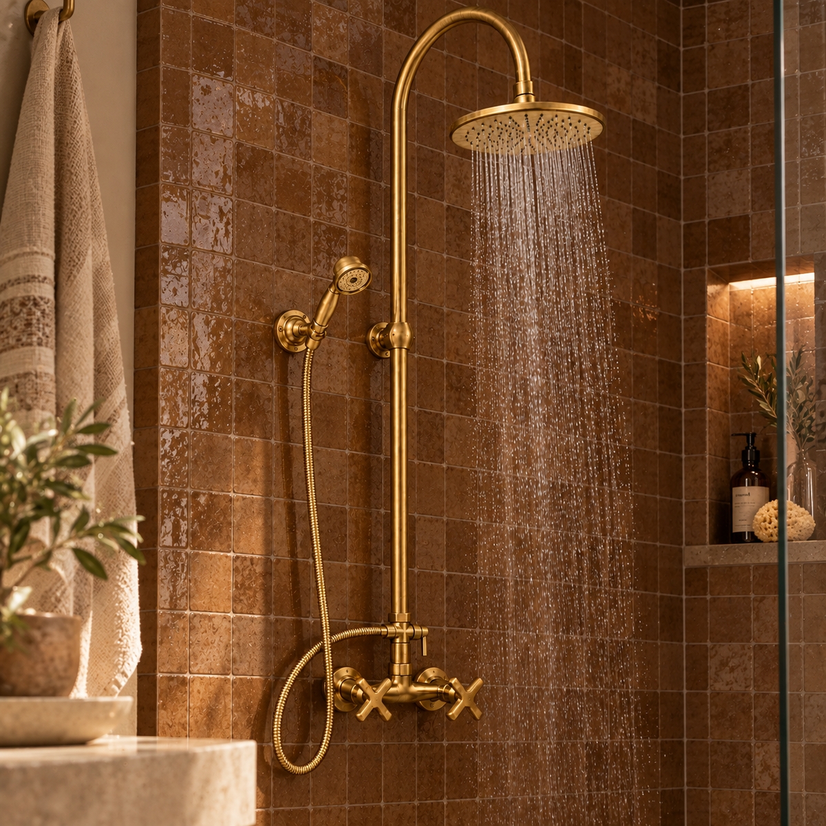 Nashville unlacquered brass shower running in a brown-tiled bathroom, with rainfall head and wall-mounted hand shower
