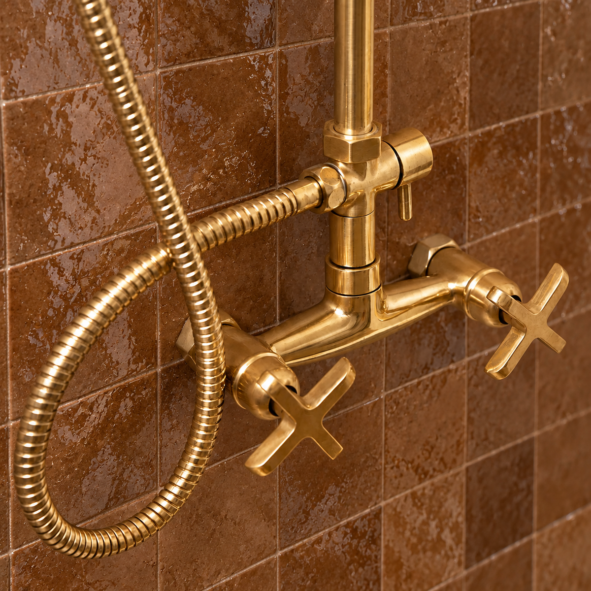 Close-up of Nashville’s unlacquered brass mixer, cross handles, diverter and flexible shower hose against brown tiles