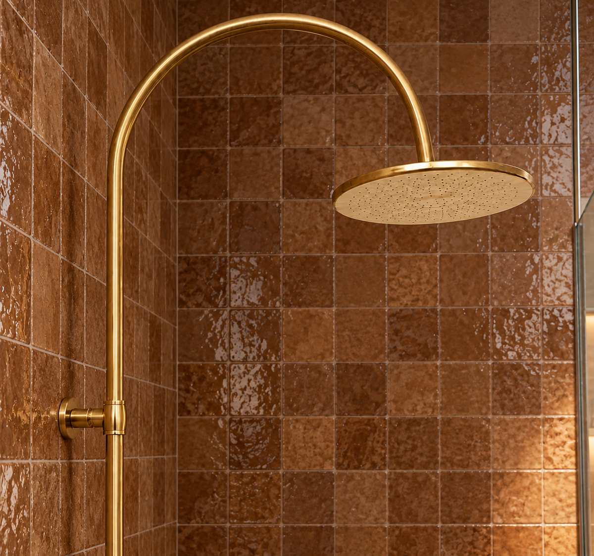 Nashville rainfall shower head and curved unlacquered brass arm mounted against brown bathroom tiles