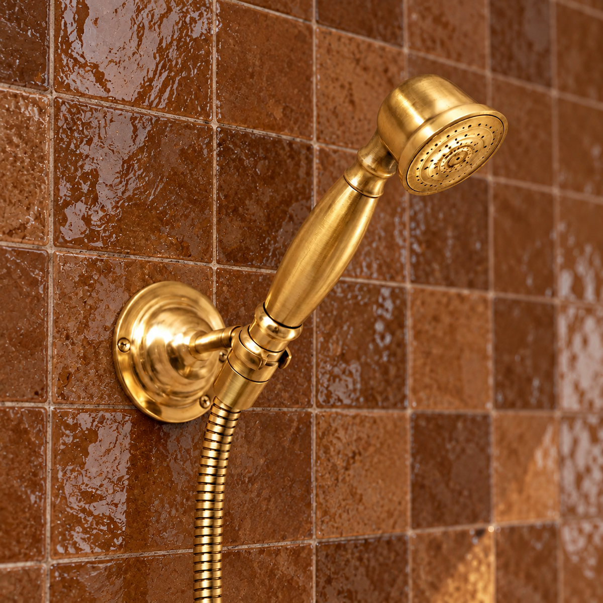 Close-up of Nashville’s unlacquered brass handheld shower resting in its wall bracket against brown tiles