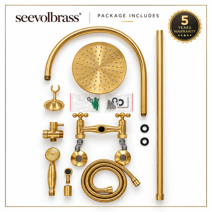 Nashville shower package layout with rainfall head, hand shower, hose, mixer, riser, curved arm and mounting hardware
